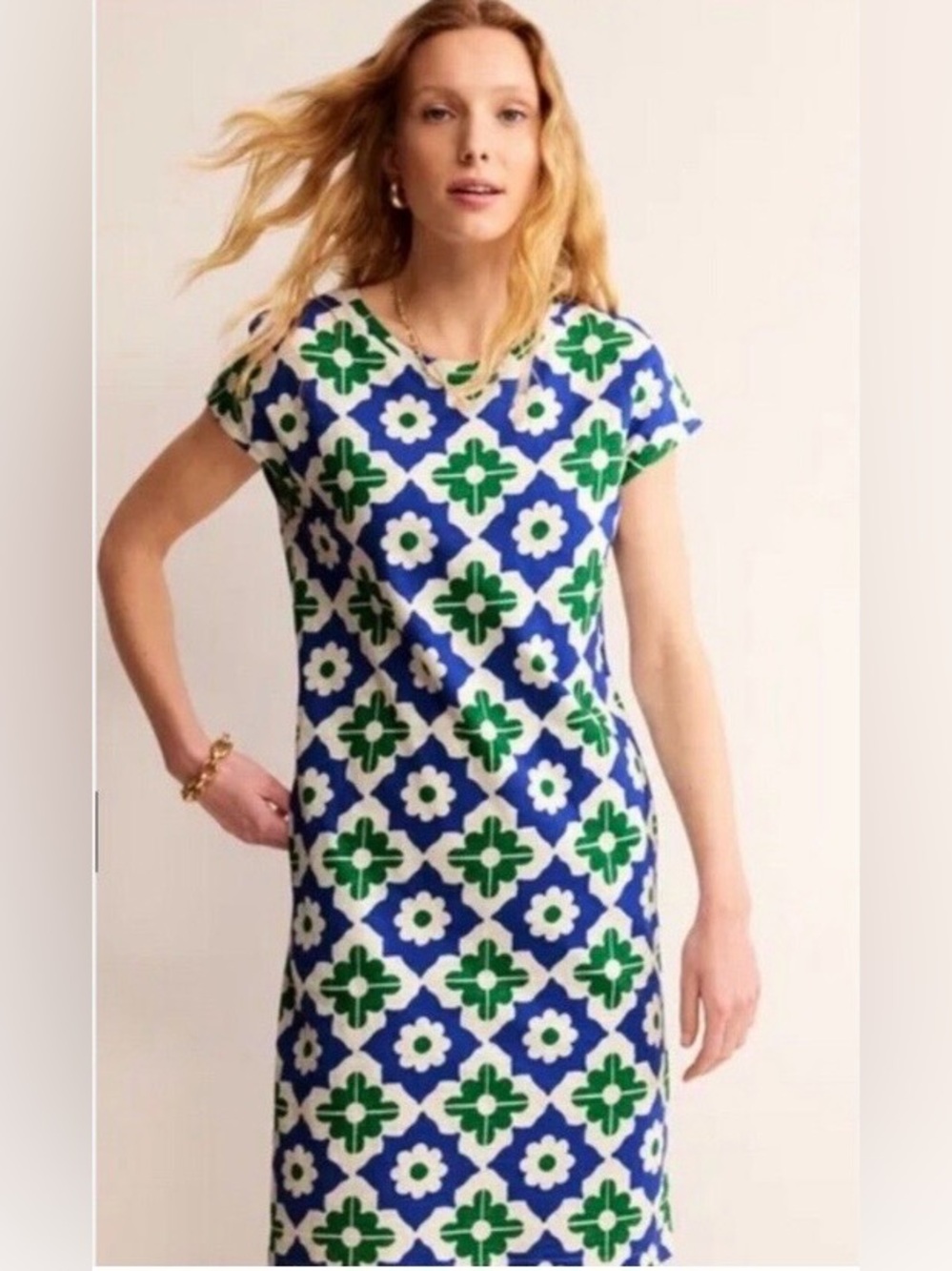 BODEN TALL NWT Leah Jersey T Shirt Dress Green Blue Geometric Stamp Size 8 TALL